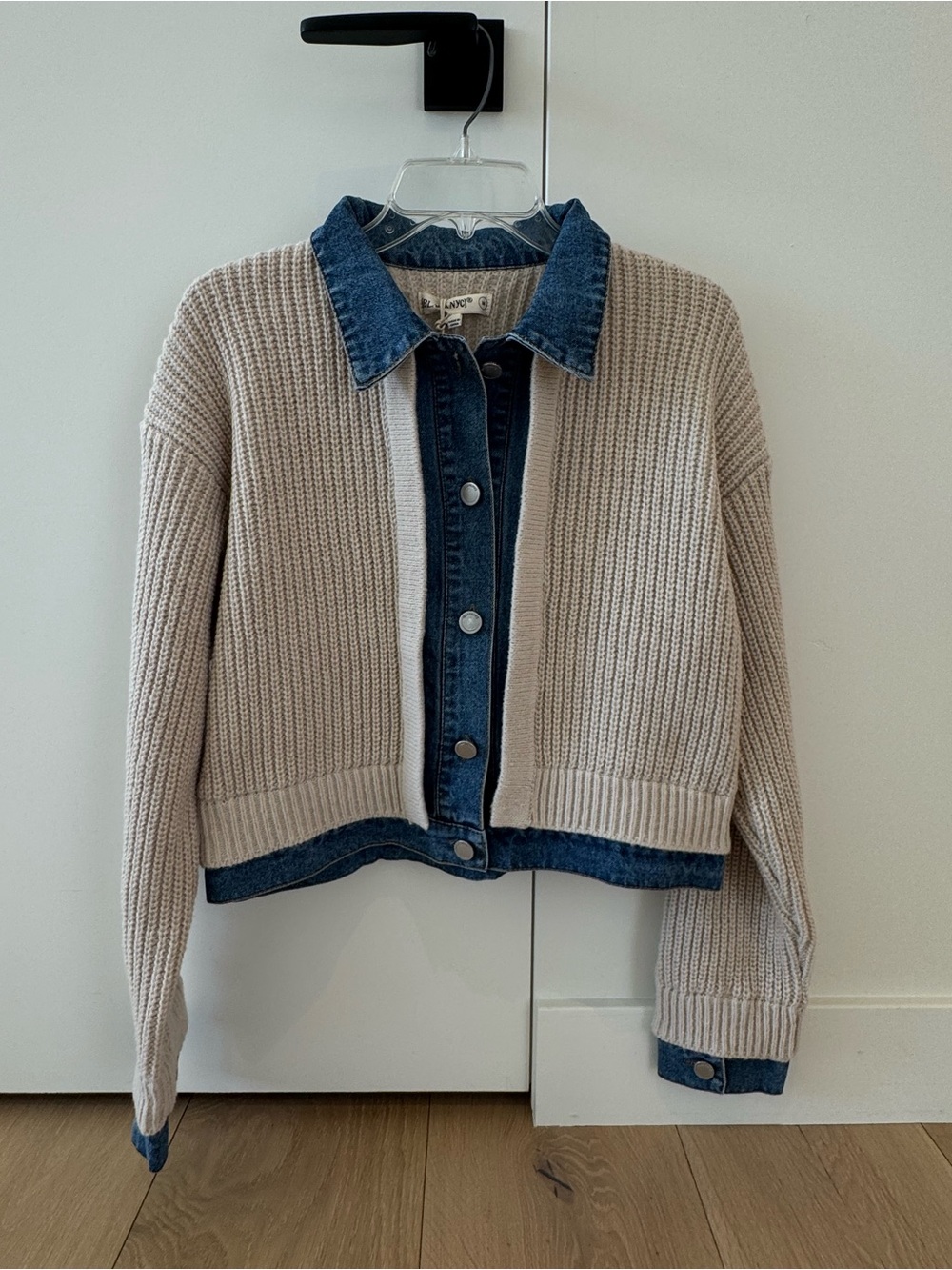 NWT BlankNYC Solid Oatmeal Knit Denim-Trim Cardigan Jacket